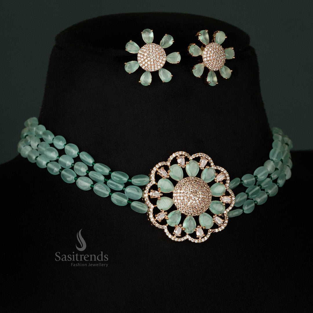 Gorgeous Party Wear Choker Jewellery Set with Four Lined Monalisa Stones and Rhodium Silver Rose Gold Plated Floral Pendant Adorned with American