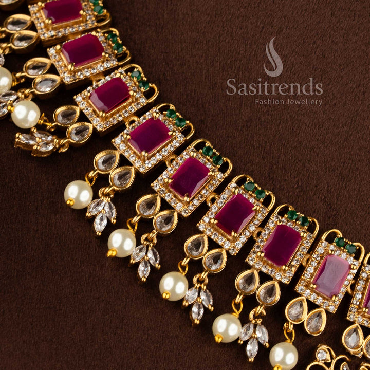 Exquisite party wear temple matte gold plated floral AD necklace jewellery set for women by Sasitrends.
