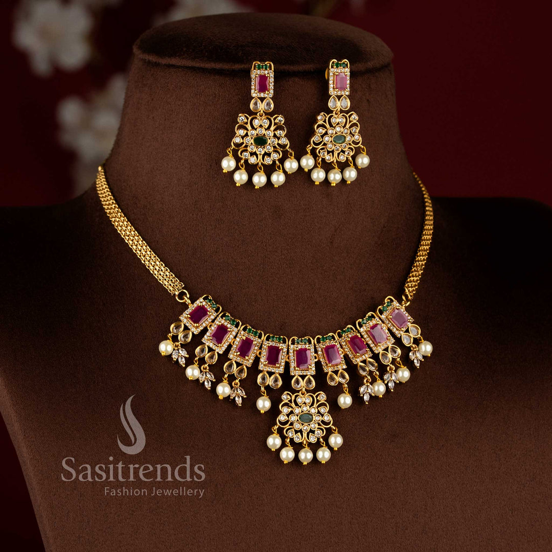 Traditional trendy floral choker necklace jewellery set with AD stones and pearl drops in temple matte gold plating by Sasitrends.