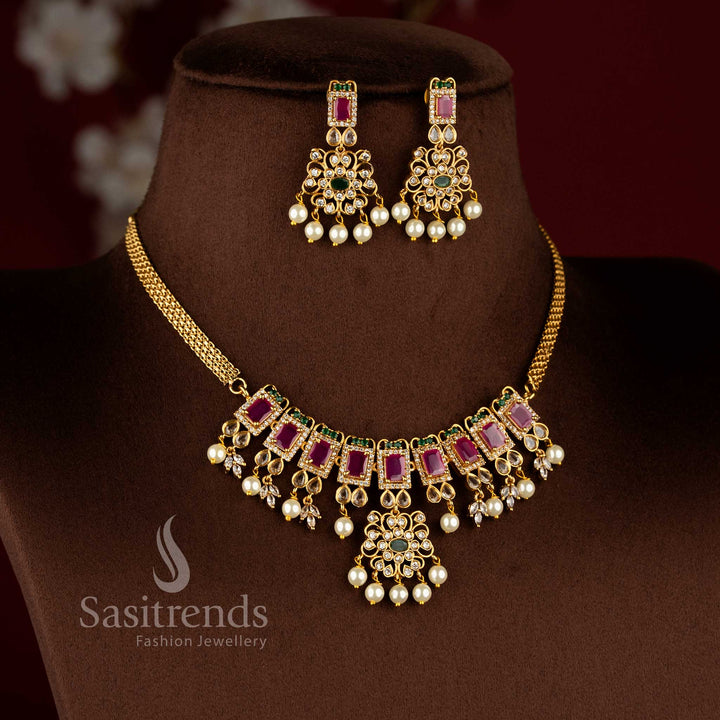 Traditional Trendy Floral Choker Necklace Jewellery Set with AD Stones and Pearl Drops - Temple Matte Gold Plated | Sasitrends