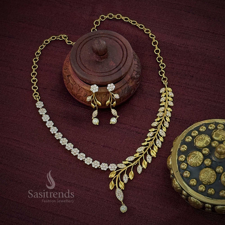 Elegant Party Wear Temple Gold Plated Floral & Leaf Necklace Set with White Stones - Matte Gold AD Jewelry for Women