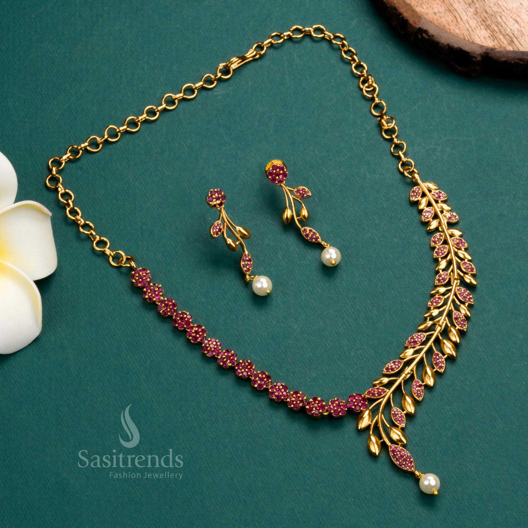 Elegant Party Wear Temple Gold Plated Floral & Leaf Necklace Set with Ruby Stones - Matte Gold AD Jewelry for Women