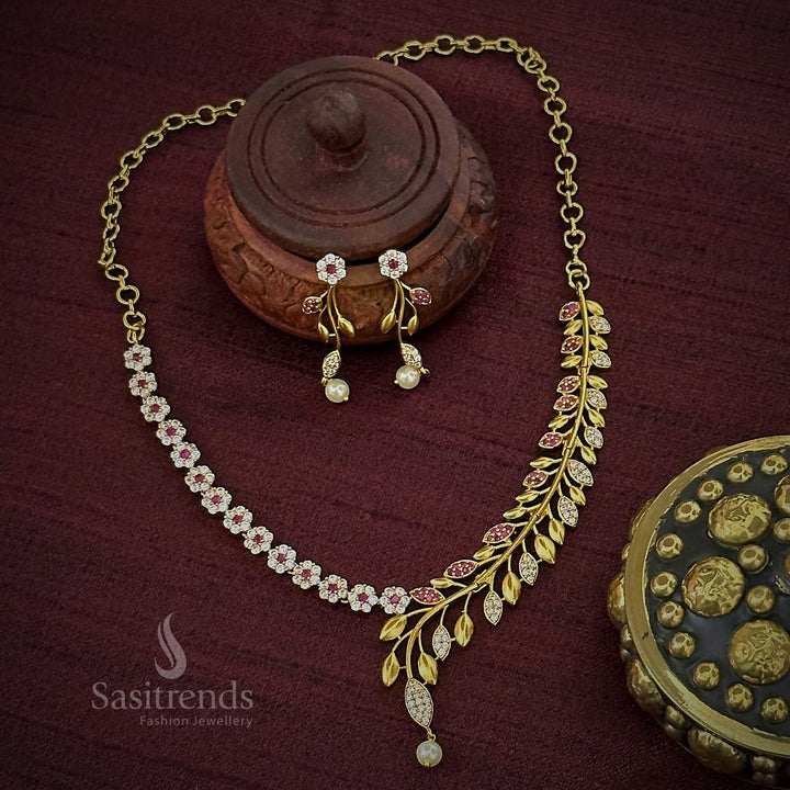 Elegant Party Wear Temple Gold Plated Floral & Leaf Necklace Set with White Ruby Stones - Matte Gold AD Jewelry for Women