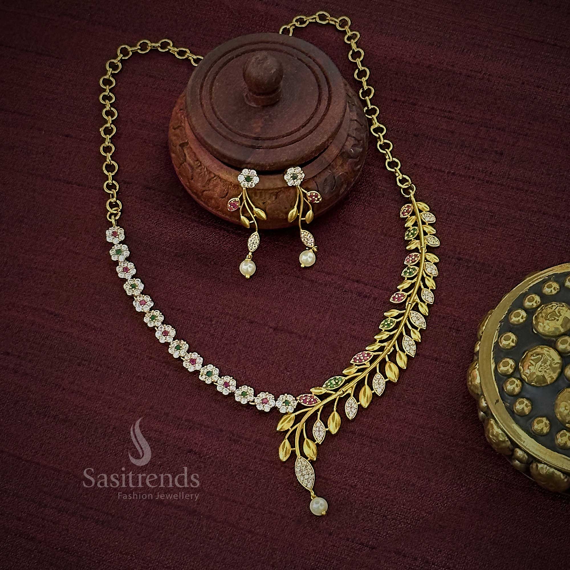 Amazing Party Wear Temple Gold Plated Floral & Leaf Necklace Set with Multi Stones - Matte Gold AD Jewelry for Women