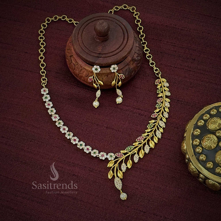 Amazing Party Wear Temple Gold Plated Floral & Leaf Necklace Set with Multi Stones - Matte Gold AD Jewelry for Women