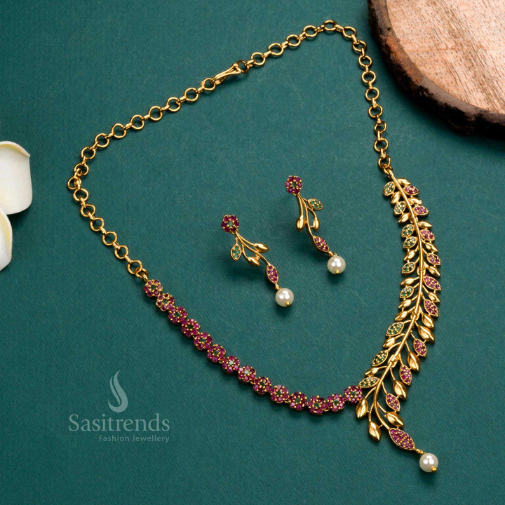 Elegant Party Wear Temple Gold Plated Floral & Leaf Necklace Set with Ruby Green Stones - Matte Gold AD Jewelry for Women