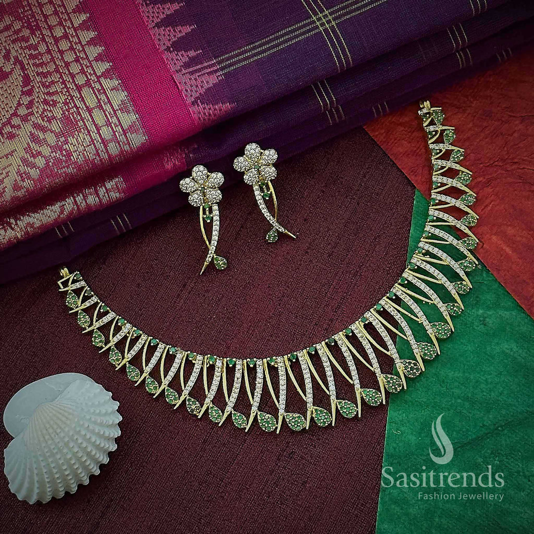 Radiant green floral choker jewellery set studded with kemp stones and styled in temple matte gold tone – perfect for traditional occasions – Sasitrends