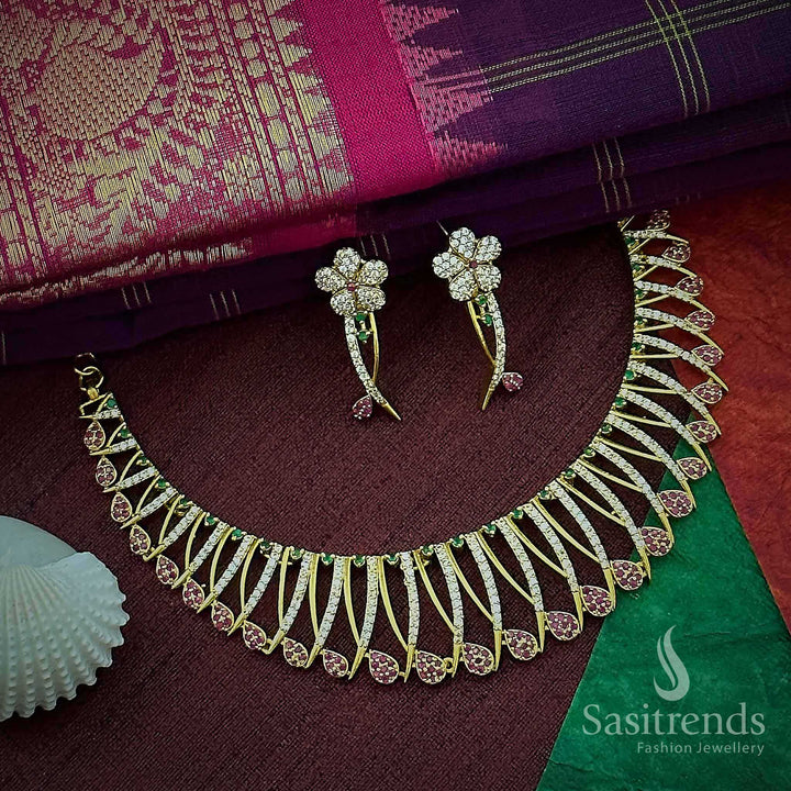 Vibrant multi-colour floral choker jewellery set in temple matte gold finish, featuring colourful kemp stones for ultimate festive glamour – Sasitrends