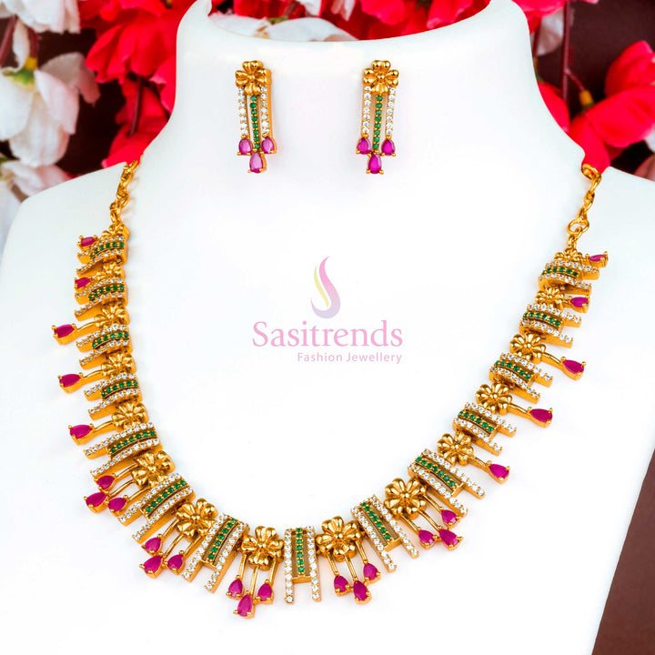 Vibrant and artistic temple matte gold plated necklace jewellery set designed with dazzling multi-color AD stones - Sasitrends