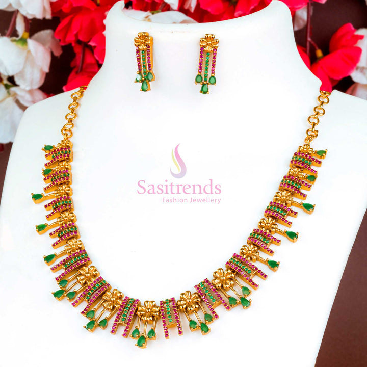 Rich and captivating traditional temple matte gold plated necklace jewellery set embedded with a divine fusion of ruby and green AD stones, exuding timeless grace - Sasitrends