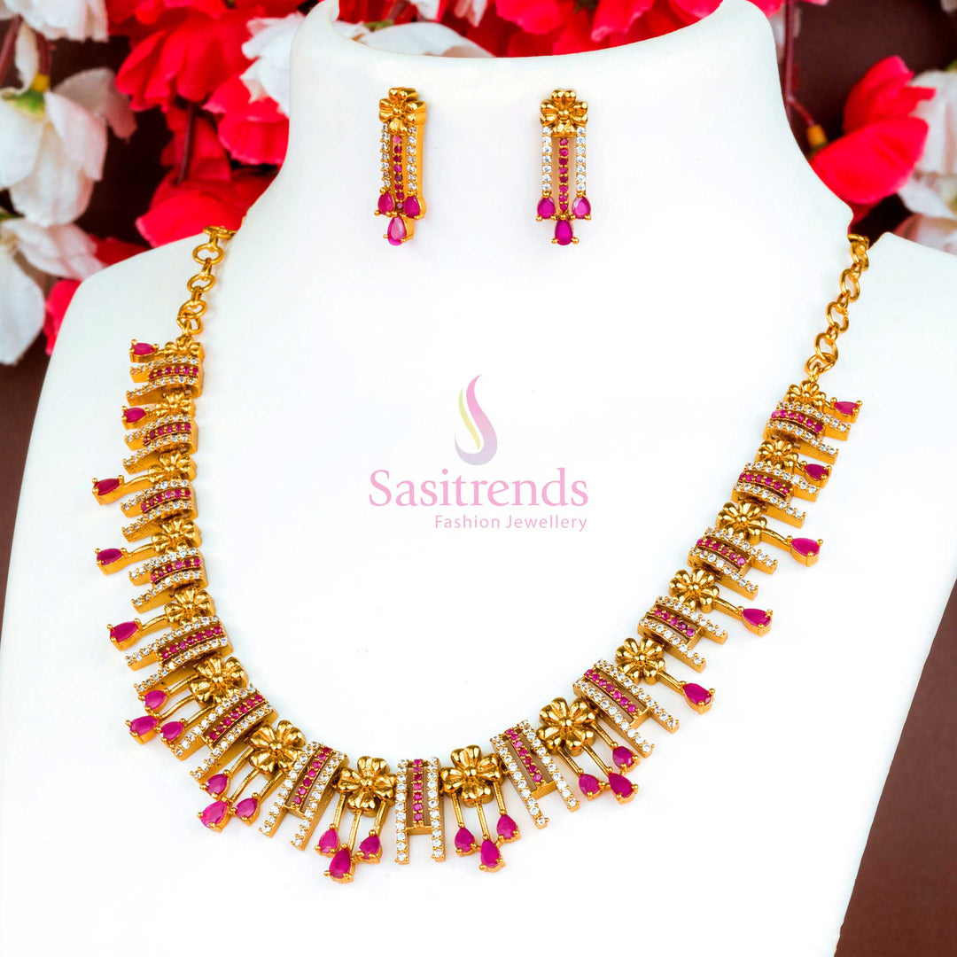 Exquisite and enchanting traditional temple matte gold plated necklace jewellery set featuring a stunning blend of white and ruby AD stones for a luxurious appeal - Sasitrends