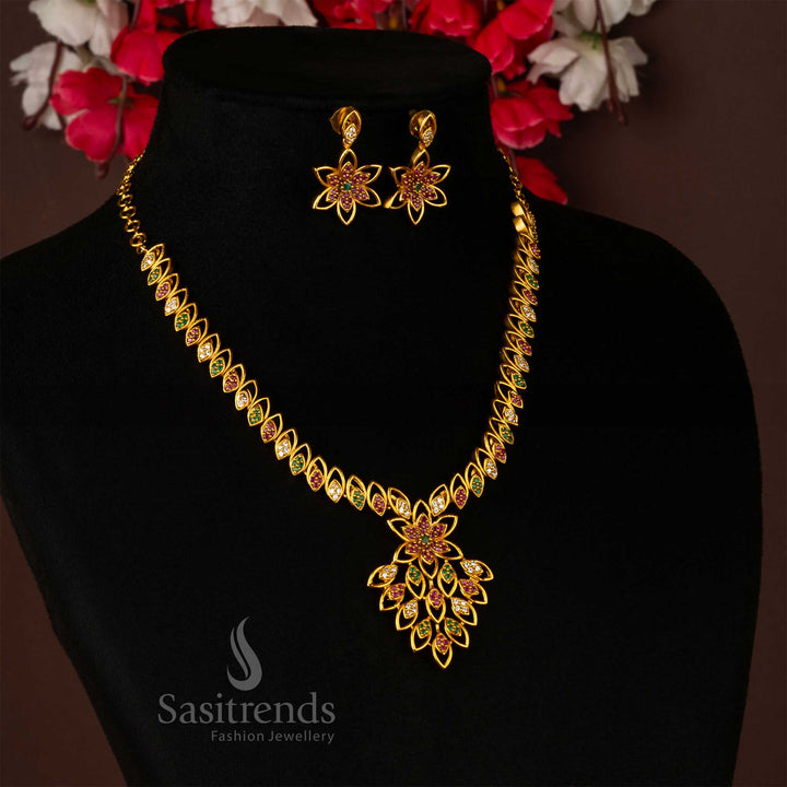 Sasitrends - Traditional Temple Matte Gold Sparkling Flower Pendant Jewellery Set - Sasitrends