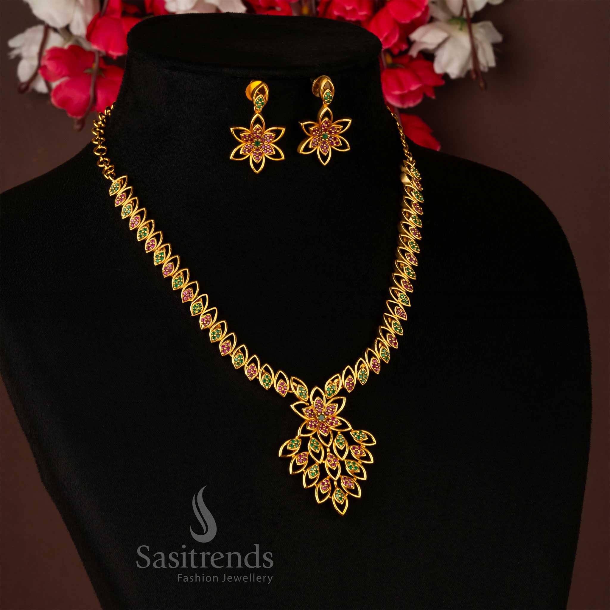 Ruby Green Traditional Wear Leaf and Flower Designer Jewellery Set
