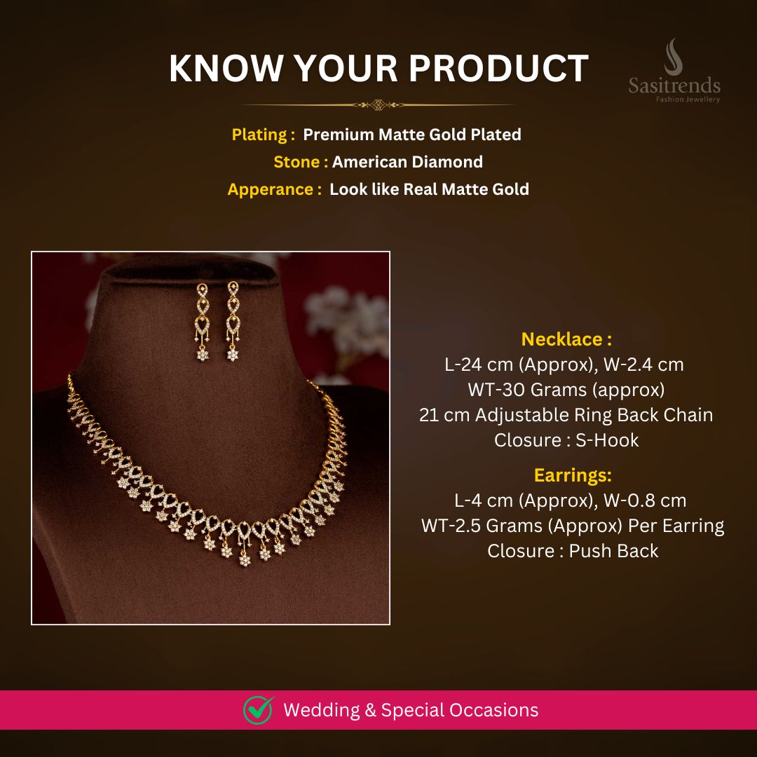 Matte Gold plated AD Necklace Set Measurement Image - Sasitrends