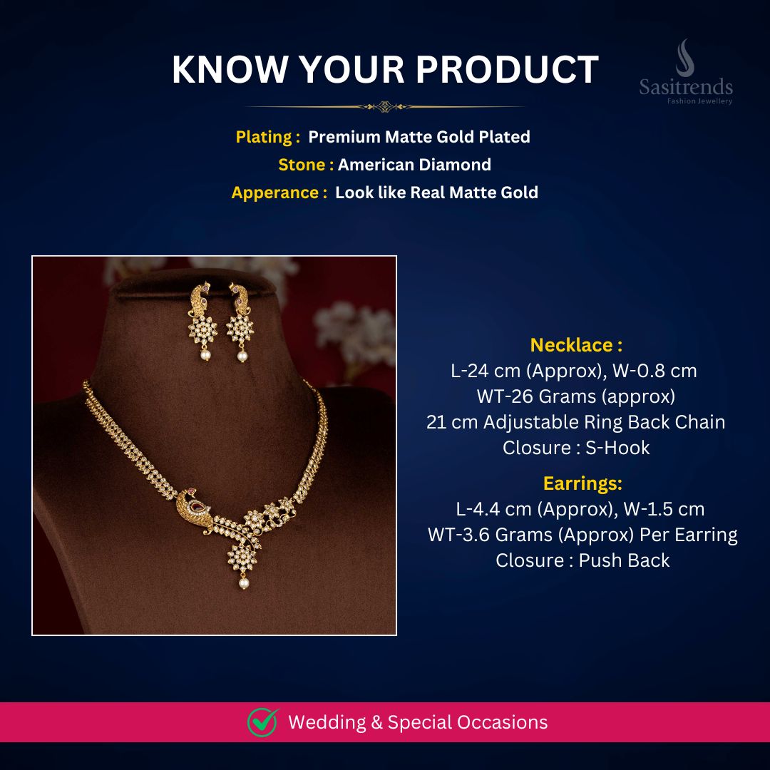 Matte Gold plated AD Necklace Set Measurement Image - Sasitrends