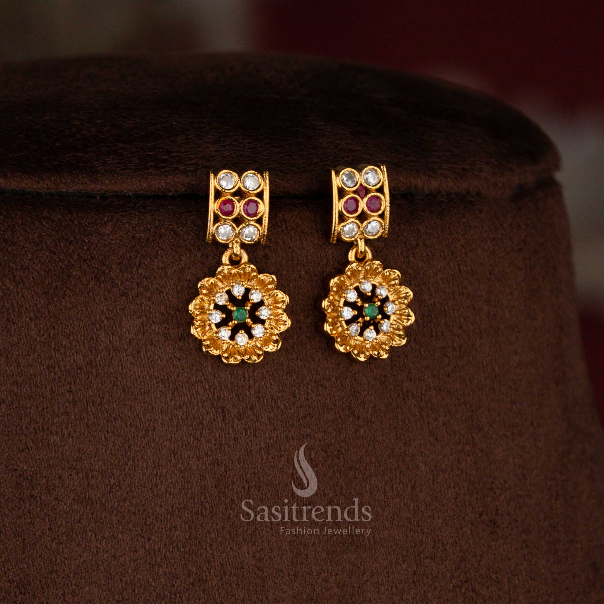Stunning temple matte gold plated floral and rectangular pattern jewellery set with emerald green, ruby, and AD stones – an elegant fusion necklace designed for traditional ethnic wear – Sasitrends
