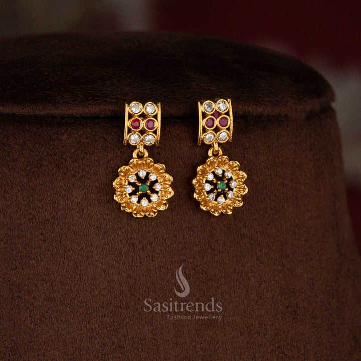Stunning temple matte gold plated floral and rectangular pattern jewellery set with emerald green, ruby, and AD stones – an elegant fusion necklace designed for traditional ethnic wear – Sasitrends
