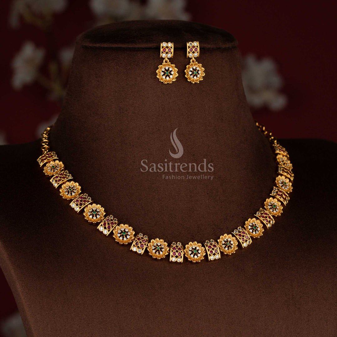 Stunning temple matte gold plated floral and rectangular pattern jewellery set with emerald green, ruby, and AD stones – an elegant fusion necklace designed for traditional ethnic wear – Sasitrends
