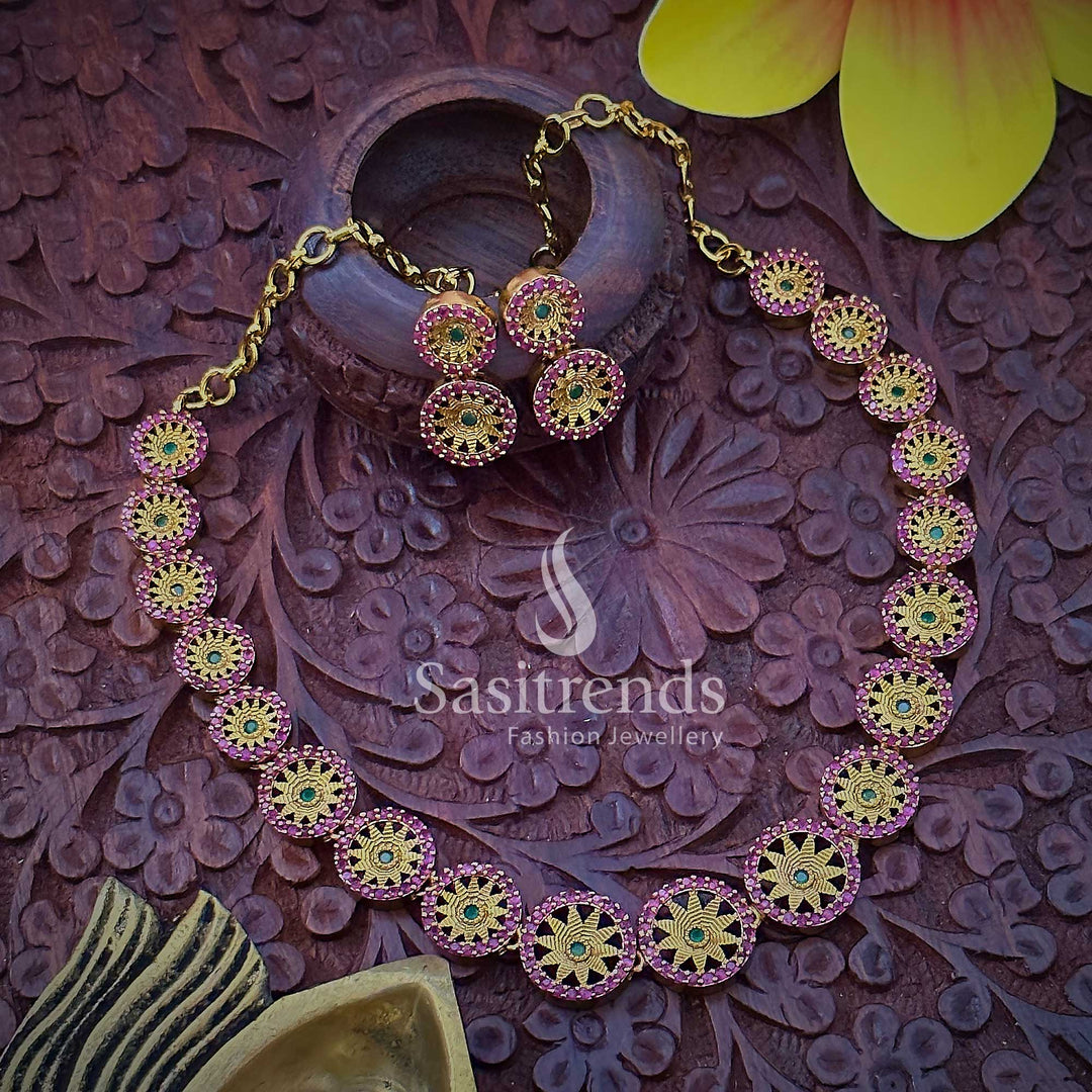 Festive Ruby-Green Leaf Chakara Kemp Stone Jewellery Set In Matte Gold Tone With Designer Earrings – A Colourful Temple Style Piece With Ethnic Engraving And Rich Cultural Touch – Sasitrends