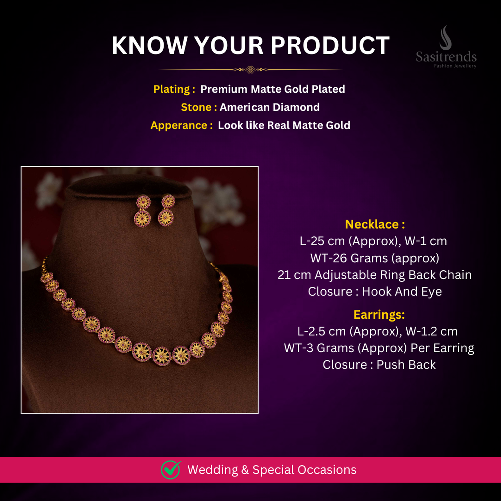 Matte Gold Plated AD Necklace set Measurement Image - Sasitrends