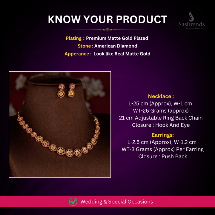Matte Gold Plated AD Necklace set Measurement Image - Sasitrends