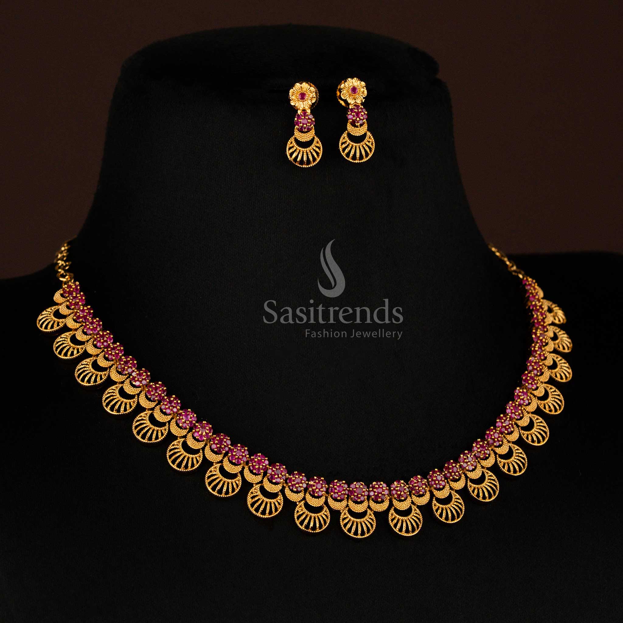 Regal ruby kemp temple-style matte finish jewellery set with ornate floral pendants and crescent moon details on durable brass metal - Sasitrends