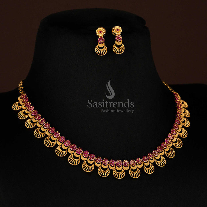 Regal ruby kemp temple-style matte finish jewellery set with ornate floral pendants and crescent moon details on durable brass metal - Sasitrends