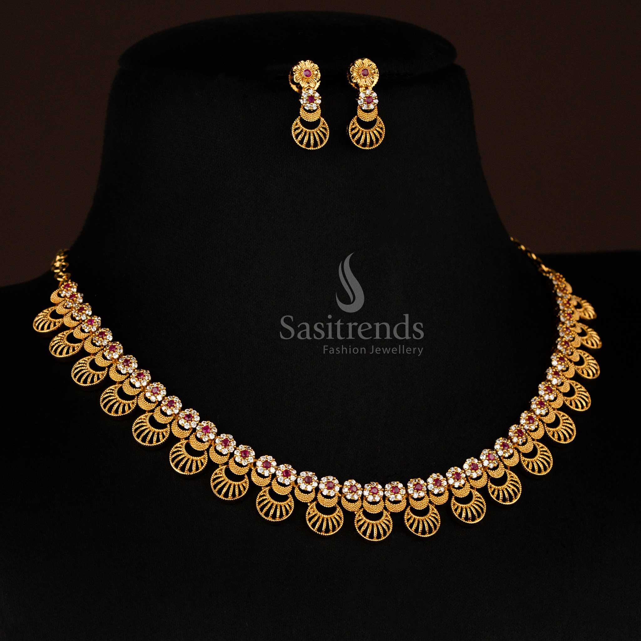 White-ruby floral temple Necklace jewellery set with matte gold coating, divine chandra designs, and enhanced with sparkling kemp-style AD stones – sasitrends