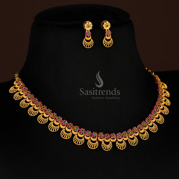 Majestic ruby-green temple Necklace jewellery set with floral and chandra motifs in matte gold, embellished with sparkling AD stones for a regal traditional finish – sasitrends