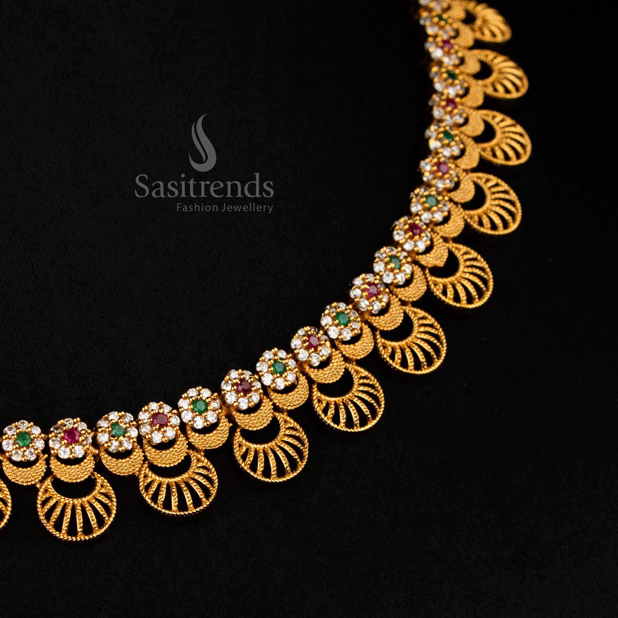 Ornate temple-style multicolour matte jewellery set with floral and moon designs, sparkling AD stones, perfect for grand ethnic looks – Sasitrends