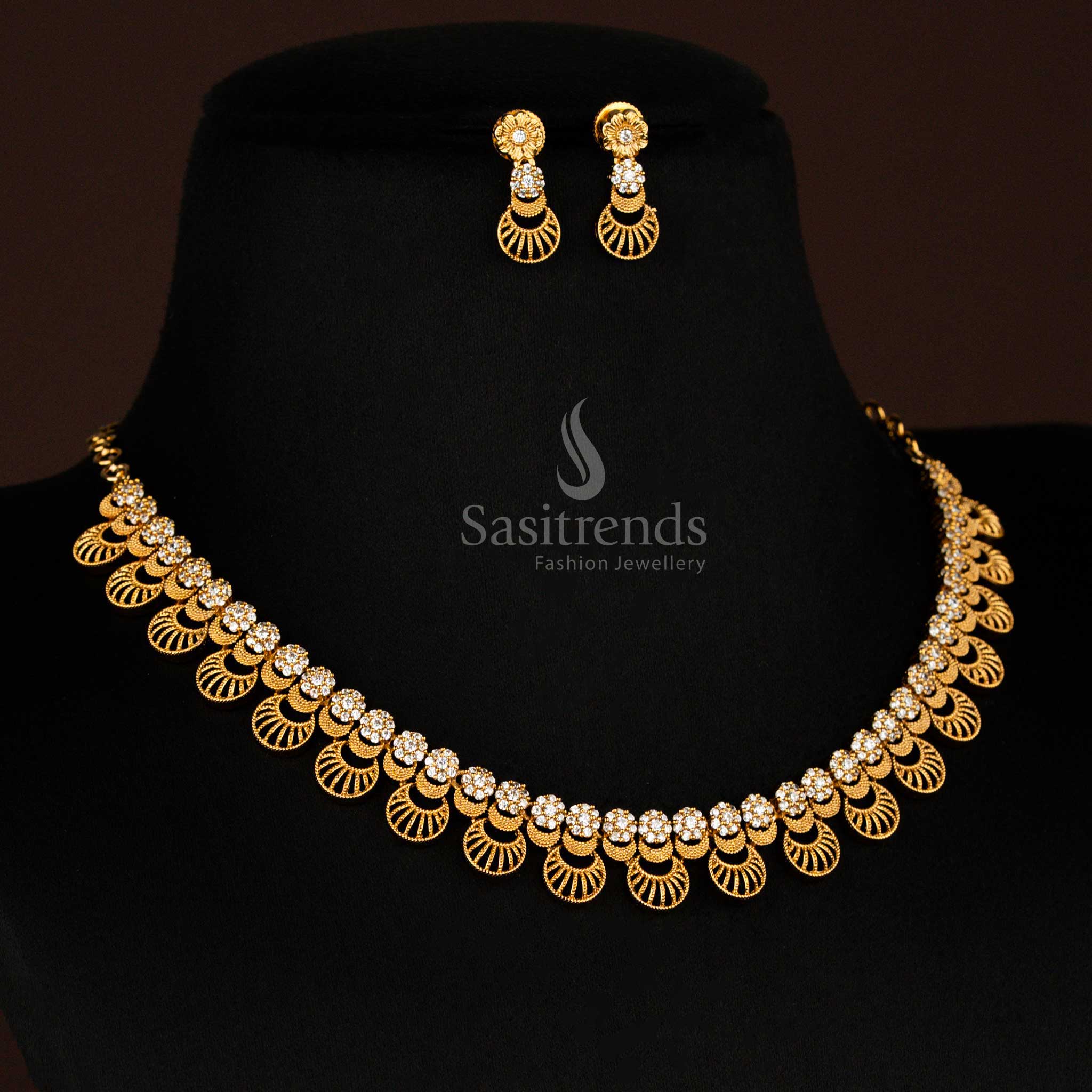 Pure white temple Necklace jewellery set featuring floral and chandra designs in matte gold, with kemp-style AD stone elegance on a brass base – Sasitrends