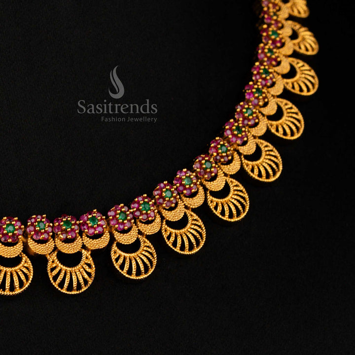 Ethnic temple jewellery set in ruby-green combination with floral and moon AD designs, highlighted by antique matte gold elegance and bold kemp aesthetics – sasitrends