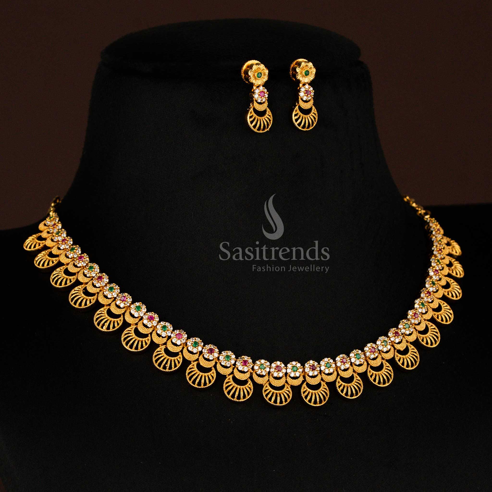 Ornate temple-style multicolour matte Necklace jewellery set with floral and moon designs, sparkling AD stones, perfect for grand ethnic looks – sasitrends