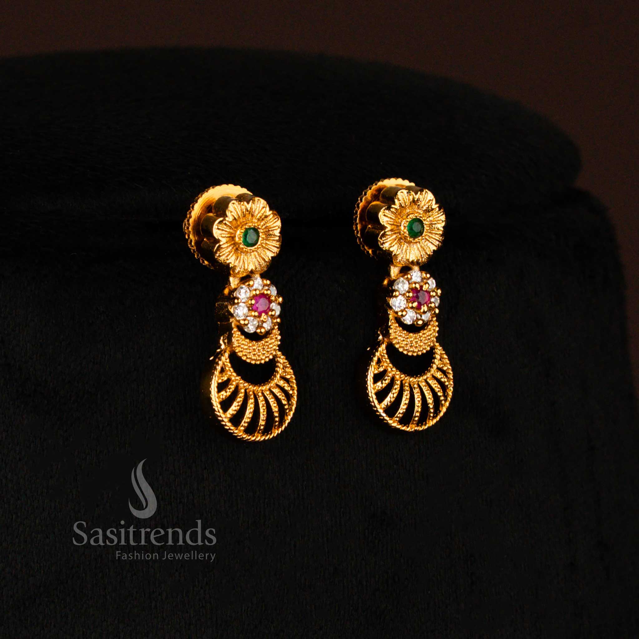 Elegant white-ruby temple-style Earrings set with matte gold polish on brass, kemp stone charm, and delicate floral lunar motifs – Sasitrends