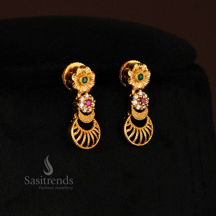 Elegant white-ruby temple-style Earrings set with matte gold polish on brass, kemp stone charm, and delicate floral lunar motifs – Sasitrends