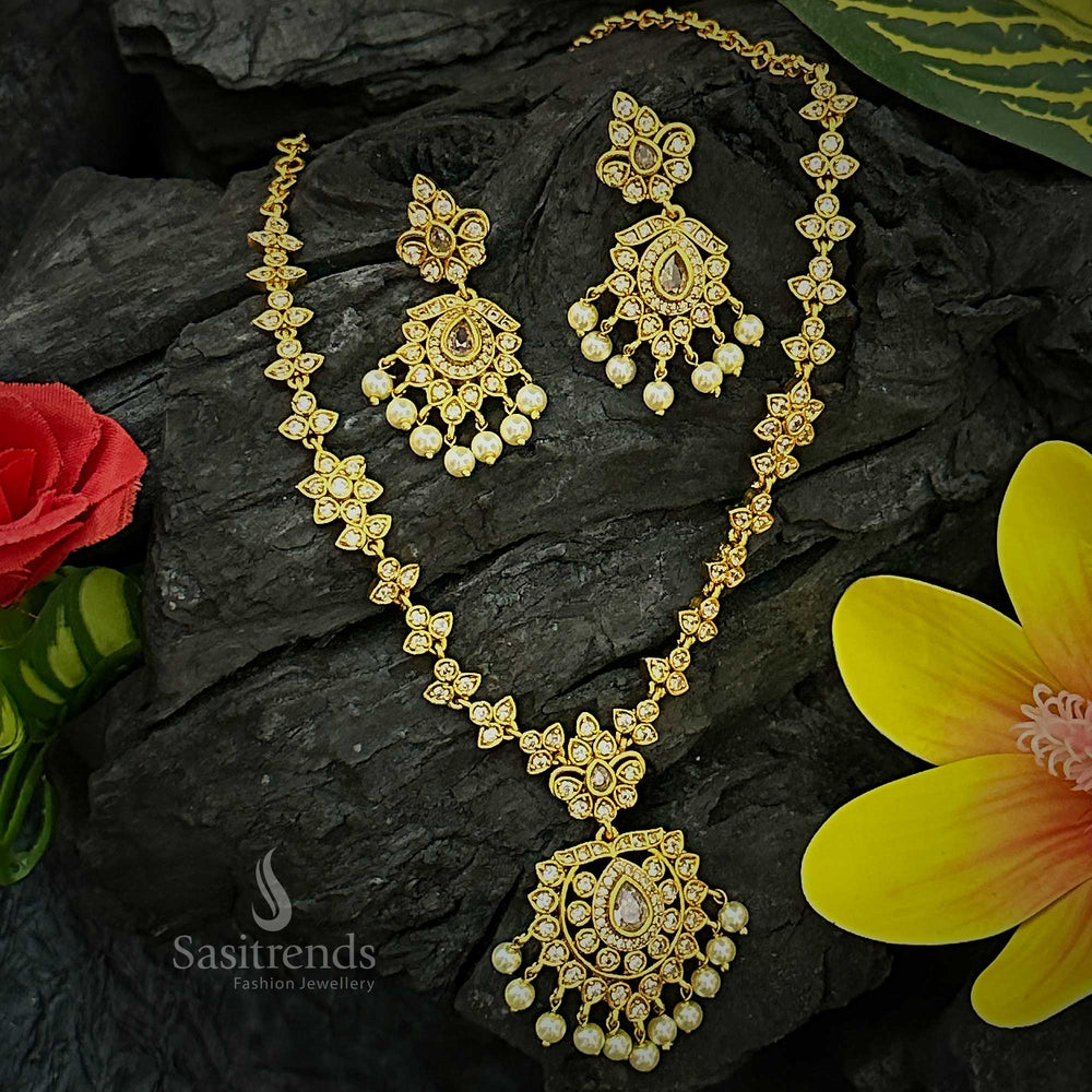 White Stone AD Floral Matte Gold Plated Jewellery Set With Sparkling Designer Earrings – A Graceful And Subtle Ensemble With Dazzling White Accents For Bridal And Party Styling – Sasitrends