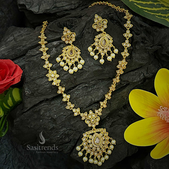 White Stone AD Floral Matte Gold Plated Jewellery Set With Sparkling Designer Earrings – A Graceful And Subtle Ensemble With Dazzling White Accents For Bridal And Party Styling – Sasitrends