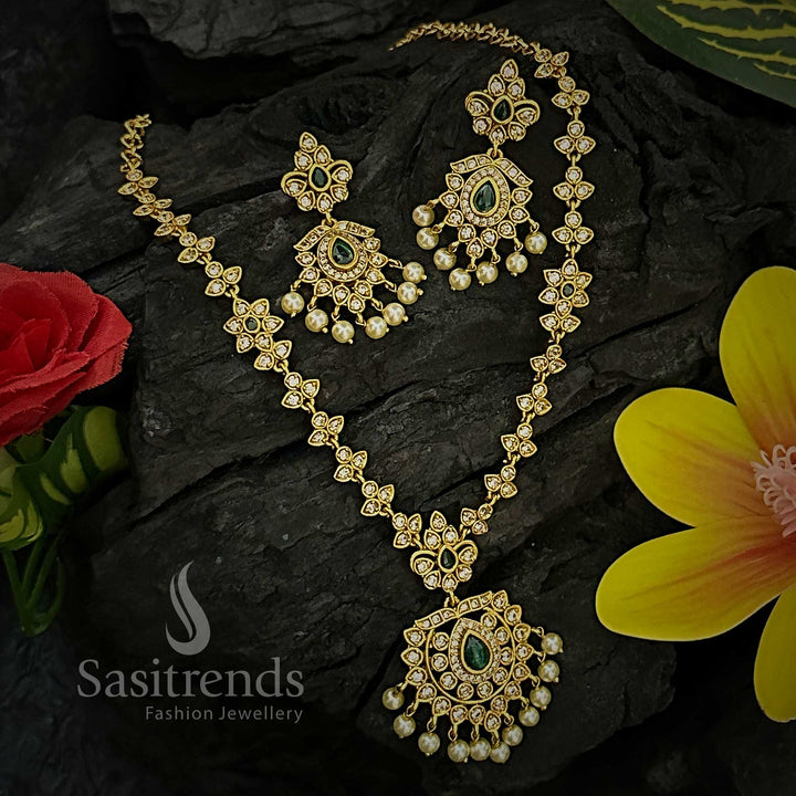Trendy Traditional Matte Gold Plated Floral AD Jewellery Set for Women - Latest Collection | Sasitrends