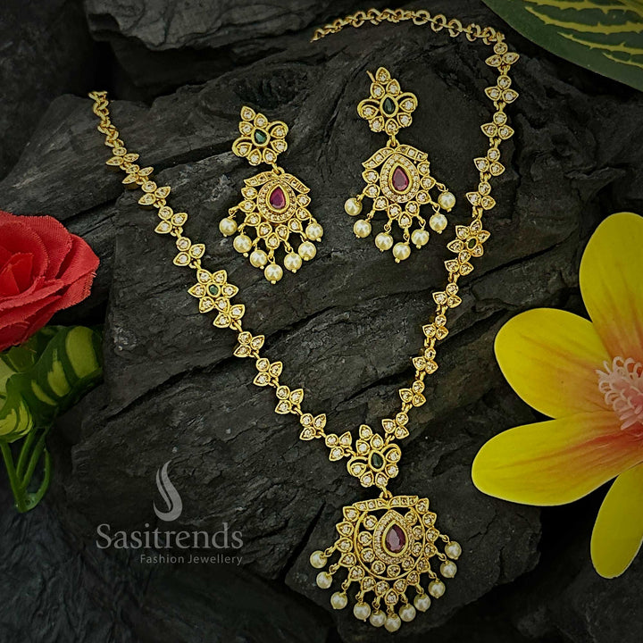 Colourful Matte Gold Traditional Floral AD Jewellery Set With Multi Tone Stones And Festive Earrings – A Delightful Ethnic Piece That Combines Colourful Elegance With Cultural Flair – Sasitrends

