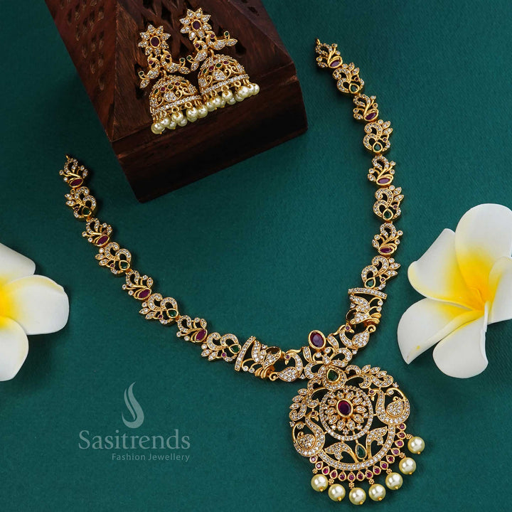 Latest Temple Matte Gold Plated Peacock & Flower Motifs Bridal Necklace Jewellery Set | Sasitrends - Sasitrends