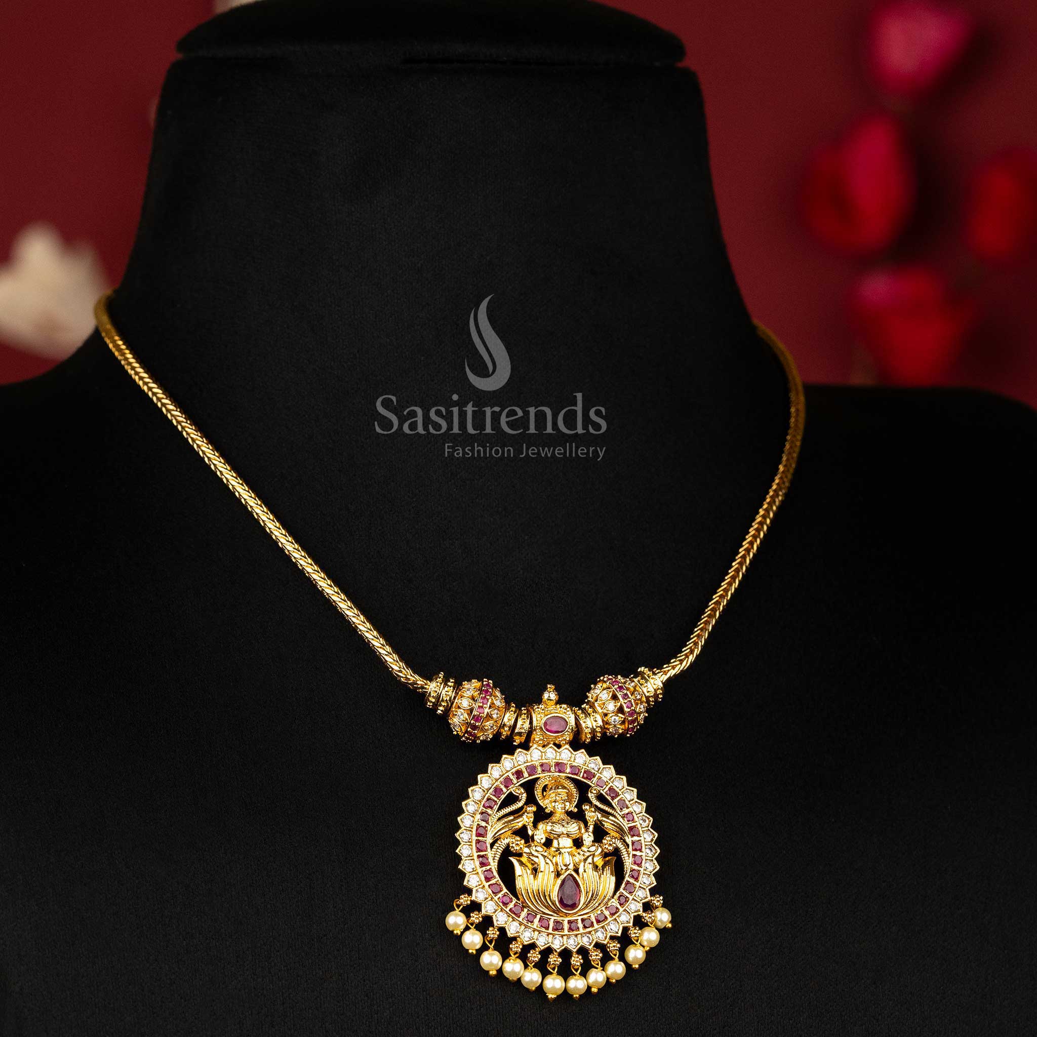 Matte Gold Plated Lakshmi Pendant AD Necklace with Jhumkas