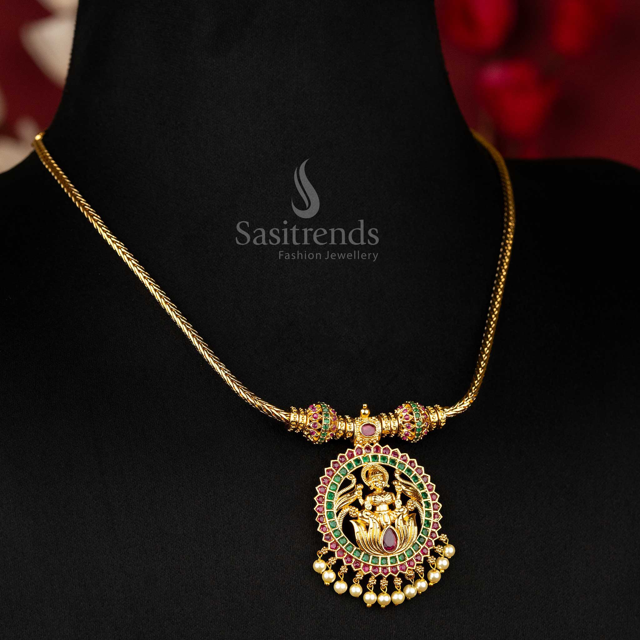 Ruby green ad stone premium matte gold plated lakshmi designer necklace - sasitrends