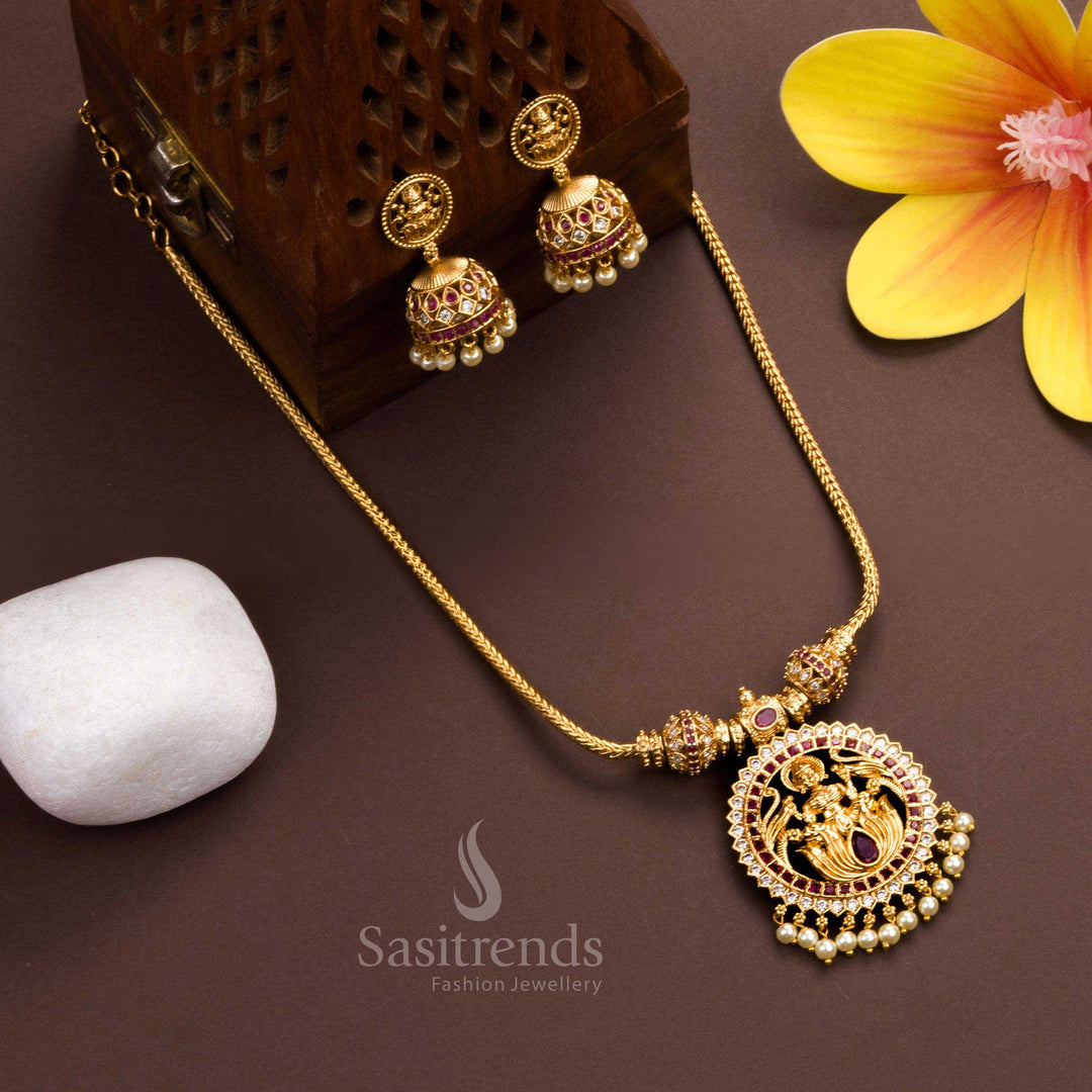 Exquisite Temple Matte Gold Plated Lakshmi Pendant AD Necklace Jewellery  Set for Women Sasitrends