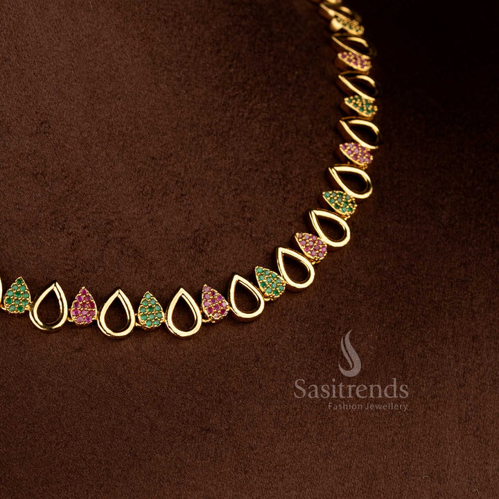 Antique matte gold AD jewellery set with elegant pear-shaped centrepiece 