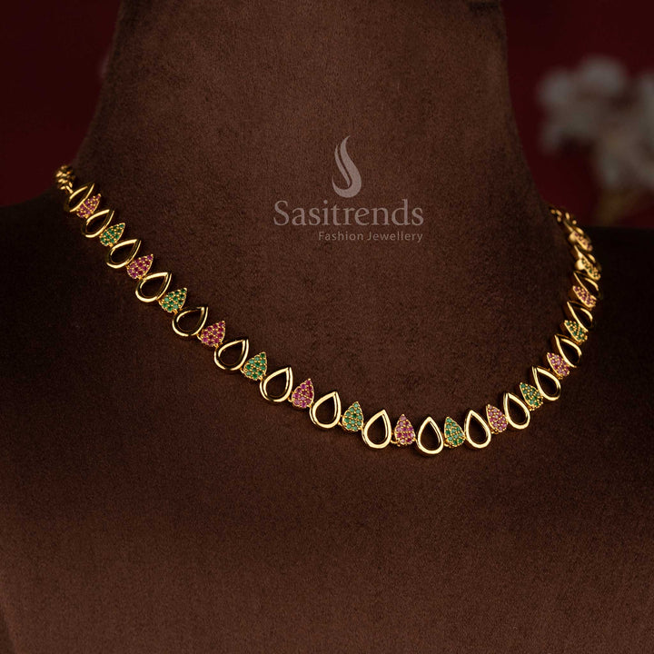 Matte gold AD jewellery set with elegant pear-shaped centrepiece