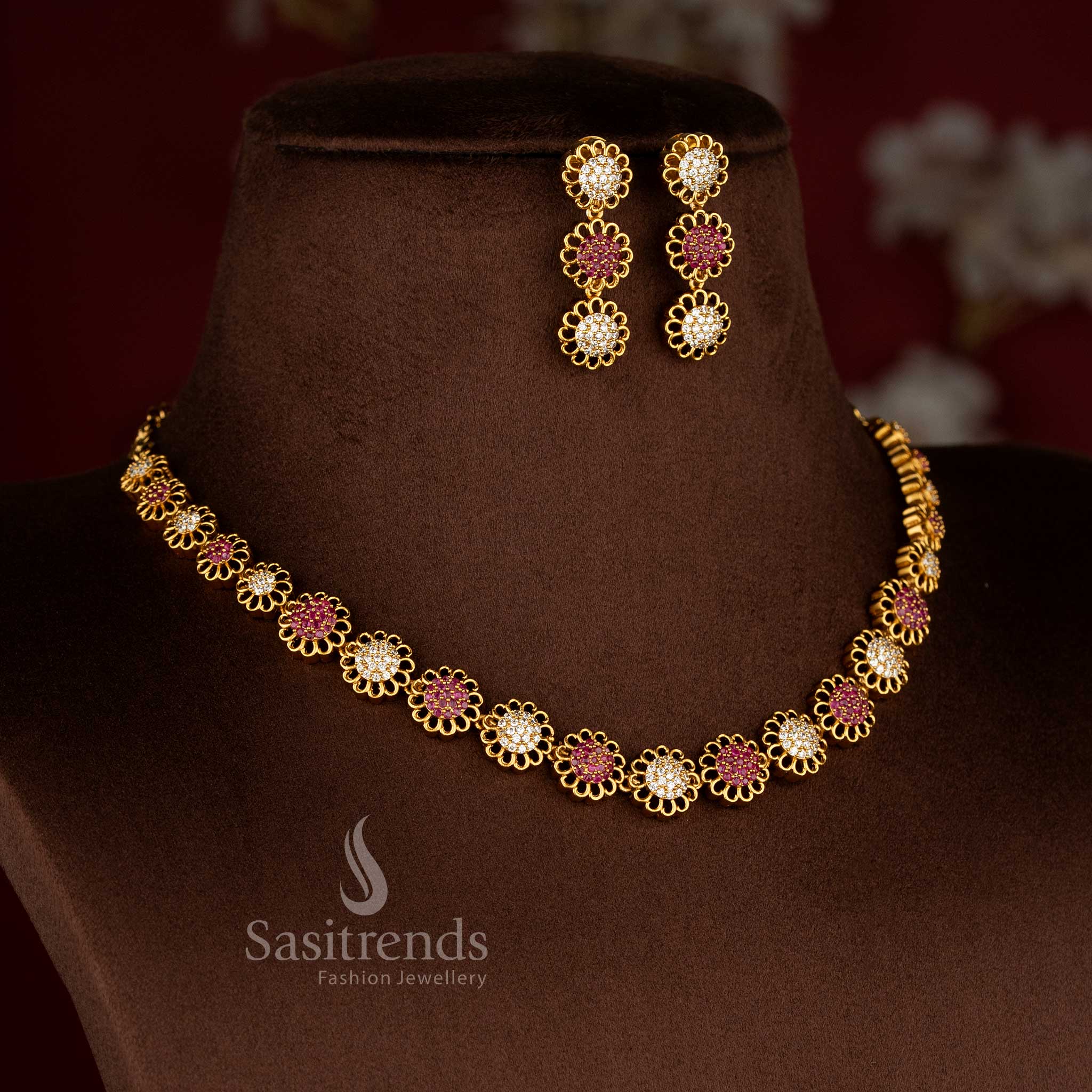Graceful Eternal Bloom American diamond matte gold plated white ruby round flower earrings for sarees and festive occasions – Sasitrends 