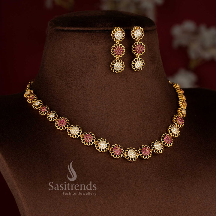 Graceful Eternal Bloom American diamond matte gold plated white ruby round flower earrings for sarees and festive occasions – Sasitrends 