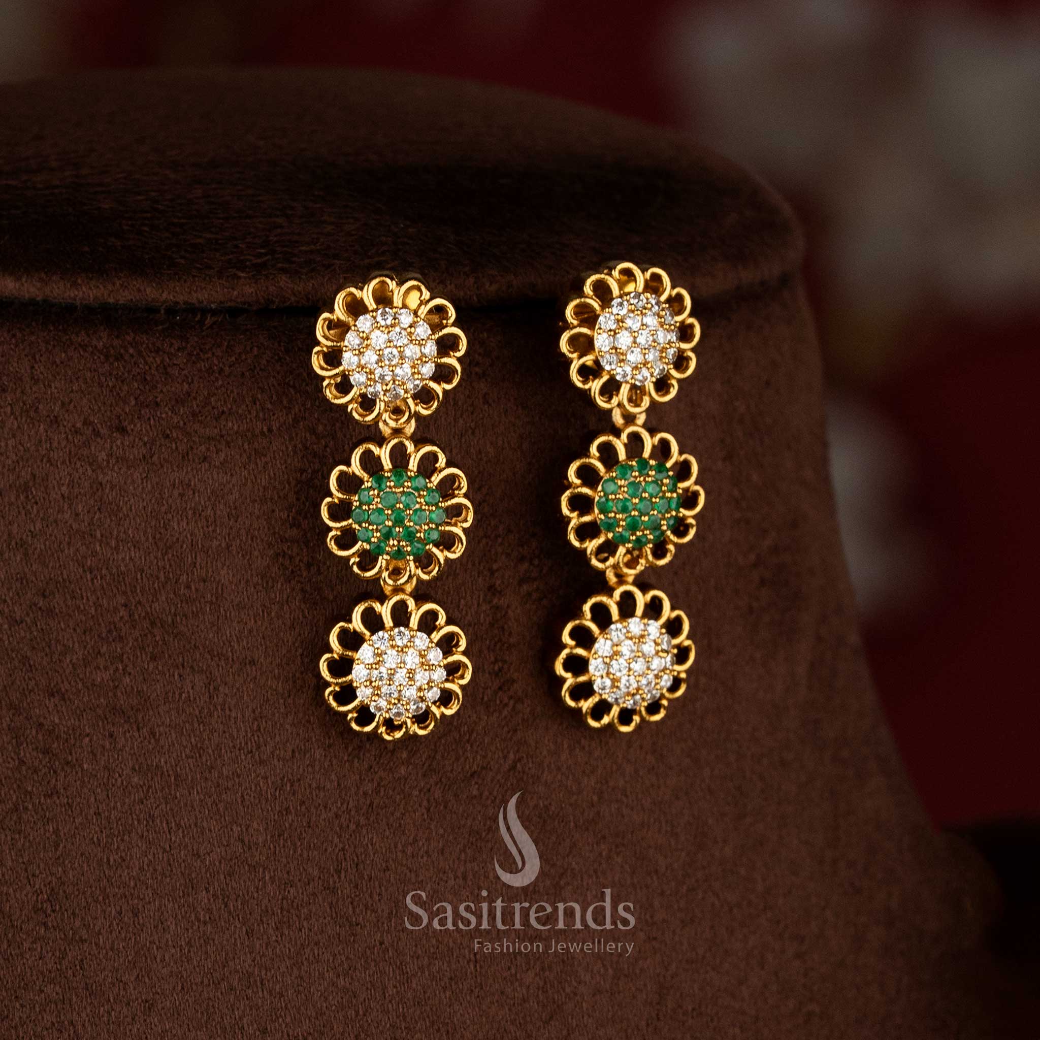 Graceful Eternal Bloom American diamond matte gold plated white green round flower earrings for sarees and festive occasions – Sasitrends 