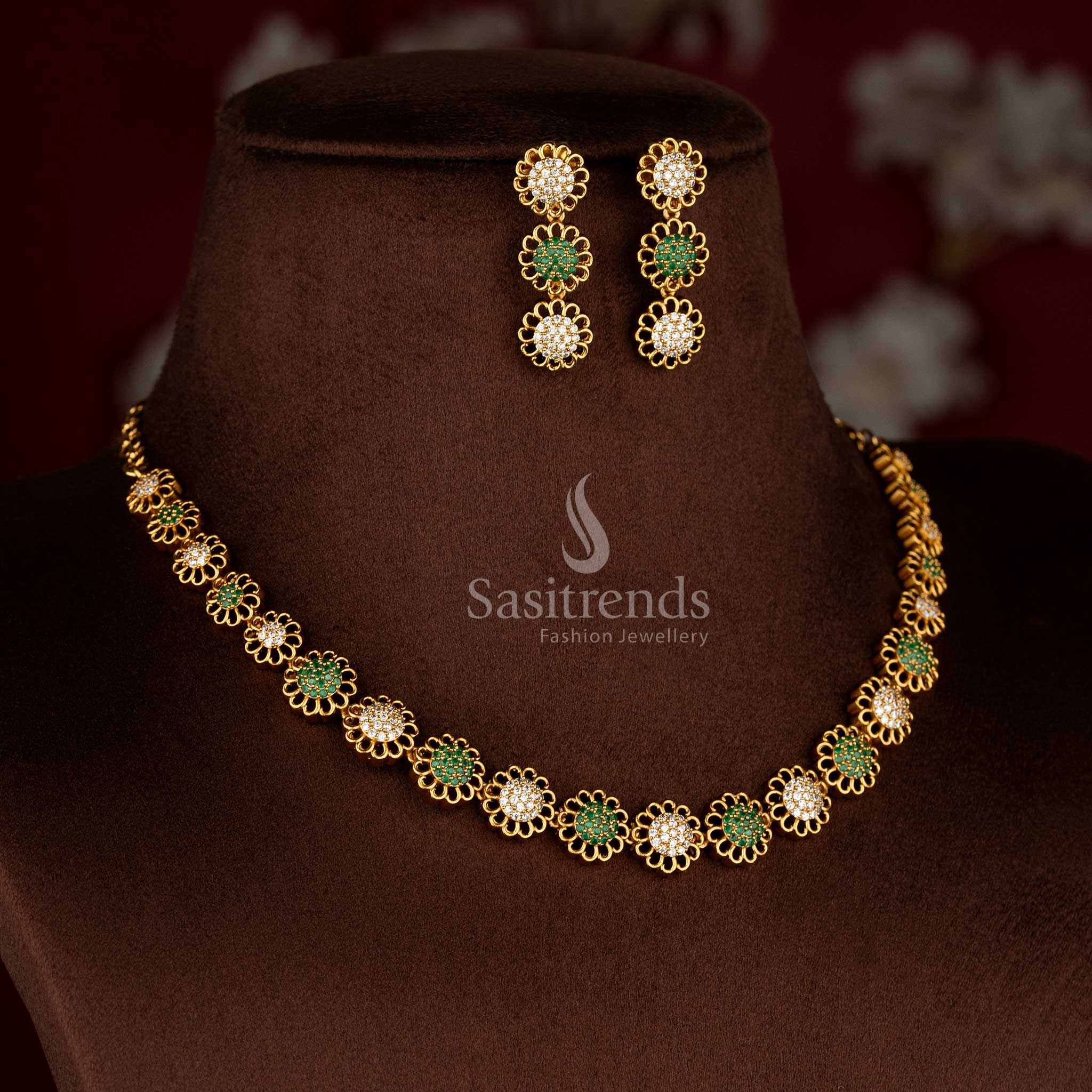 Graceful Eternal Bloom American diamond matte gold plated white green round flower earrings for sarees and festive occasions – Sasitrends  