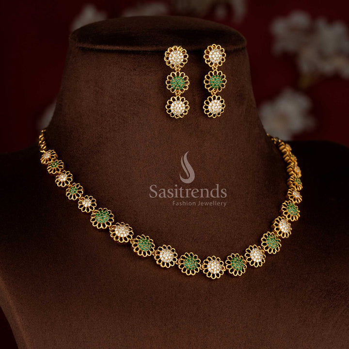 Graceful Eternal Bloom American diamond matte gold plated white green round flower earrings for sarees and festive occasions – Sasitrends  